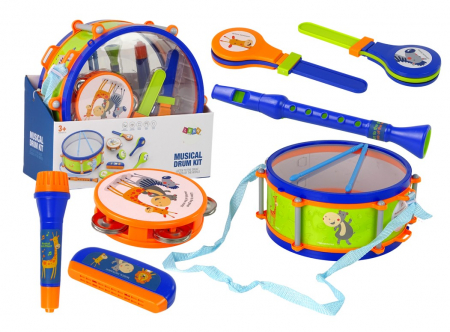 Instrumente muzicale - Set de Instrumente Muzicale – Tobă, Tamburină, Flaute, Muzicuță – cu Design Animal