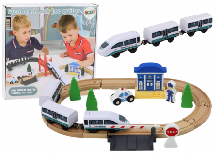 Trenulete - Set Piste Tren din Lemn cu Accesorii – Poliție, Pod, 3,2 m