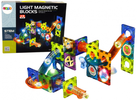 Cuburi constructie si jocuri constructii - Slide luminos pentru bile + blocuri magnetice – 49 piese