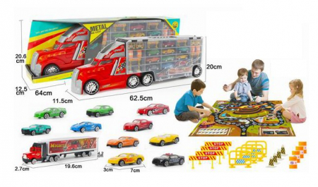 Masini si motociclete - TIR Transportator Mare cu Lansator și 10 Mașinuțe – Set Complet cu Accesorii