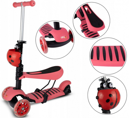 Trotinetă roșie tip buburuză – cu scaun reglabil și coș [3]
