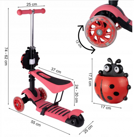 Jucarii de exterior - Trotinetă roșie tip buburuză – cu scaun reglabil și coș