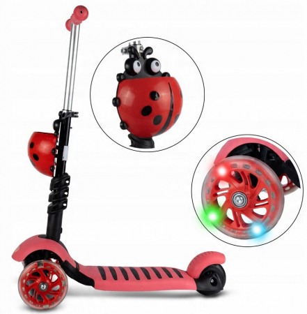 Trotinetă roșie tip buburuză – cu scaun reglabil și coș [5]