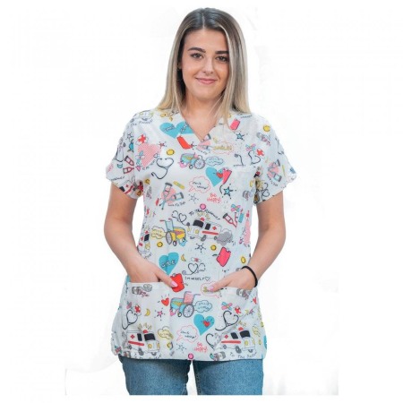 PANTALONI SI BLUZE MEDICALE - Bluza medicala cu elastan alba -  model ingrijire