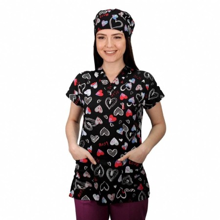 Bluza medicala cu elastan bleumarin cu model inimioare
