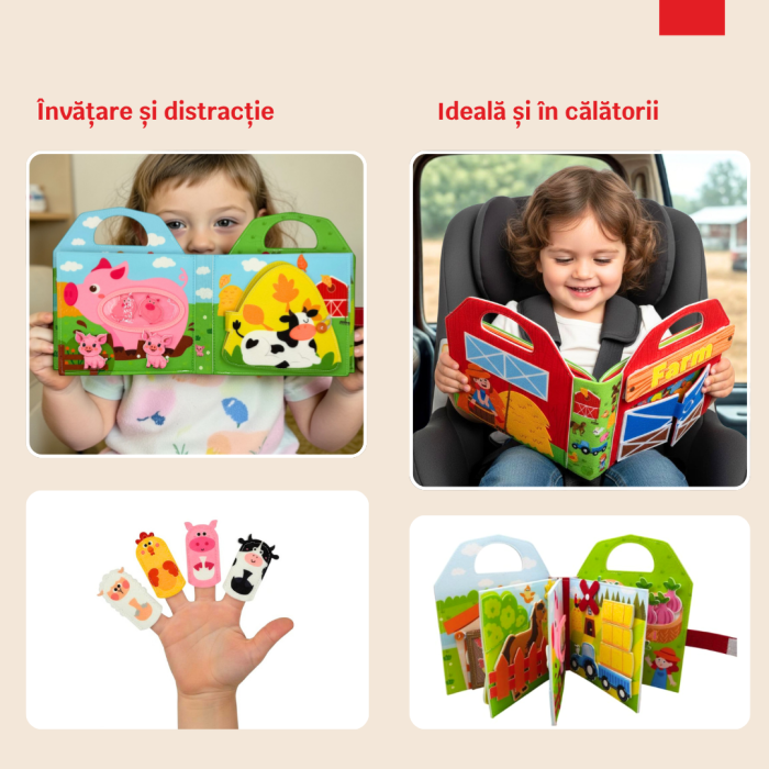 Carte senzoriala de tip Busy book, cu manere, din fetru de calitate, Montessori, tematica ferma, numeroase activitati, 9 pagini educative si interactive, ideala pentru copii de 1-5 ani, 24x21x8 cm [5]