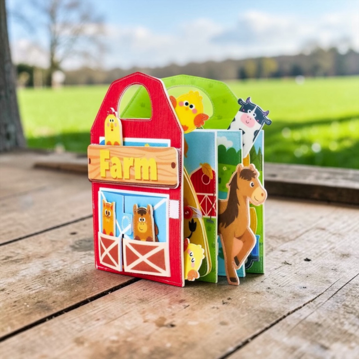 Carte senzoriala de tip Busy book, cu manere, din fetru de calitate, Montessori, tematica ferma, numeroase activitati, 9 pagini educative si interactive, ideala pentru copii de 1-5 ani, 24x21x8 cm [11]