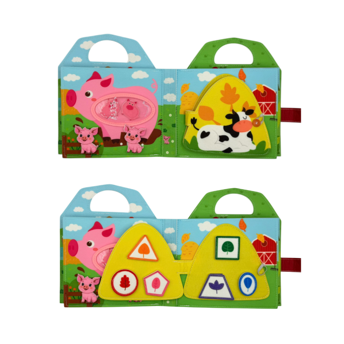 Carte senzoriala de tip Busy book, cu manere, din fetru de calitate, Montessori, tematica ferma, numeroase activitati, 9 pagini educative si interactive, ideala pentru copii de 1-5 ani, 24x21x8 cm [9]