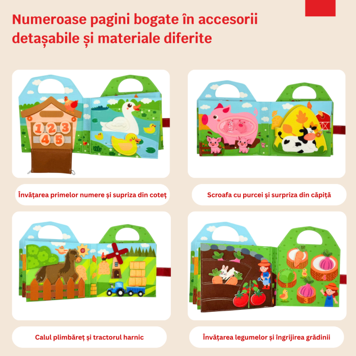 Carte senzoriala de tip Busy book, cu manere, din fetru de calitate, Montessori, tematica ferma, numeroase activitati, 9 pagini educative si interactive, ideala pentru copii de 1-5 ani, 24x21x8 cm [3]