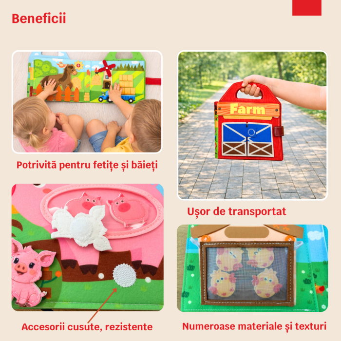 Carte senzoriala de tip Busy book, cu manere, din fetru de calitate, Montessori, tematica ferma, numeroase activitati, 9 pagini educative si interactive, ideala pentru copii de 1-5 ani, 24x21x8 cm [6]