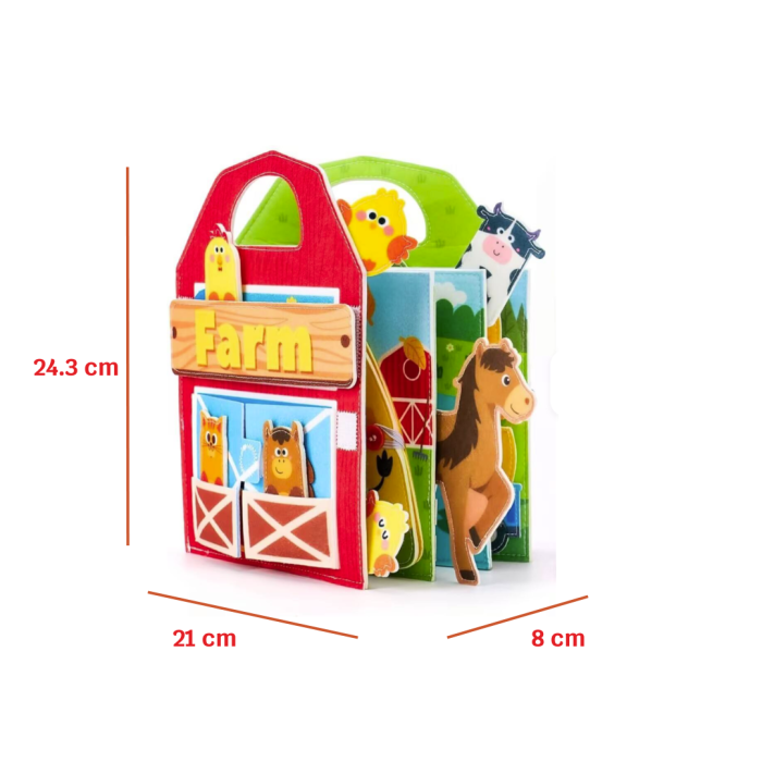 Carte senzoriala de tip Busy book, cu manere, din fetru de calitate, Montessori, tematica ferma, numeroase activitati, 9 pagini educative si interactive, ideala pentru copii de 1-5 ani, 24x21x8 cm [2]