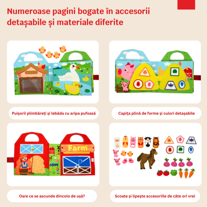 Carte senzoriala de tip Busy book, cu manere, din fetru de calitate, Montessori, tematica ferma, numeroase activitati, 9 pagini educative si interactive, ideala pentru copii de 1-5 ani, 24x21x8 cm [4]