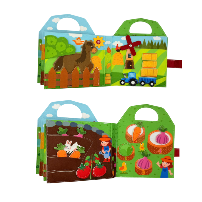 Carte senzoriala de tip Busy book, cu manere, din fetru de calitate, Montessori, tematica ferma, numeroase activitati, 9 pagini educative si interactive, ideala pentru copii de 1-5 ani, 24x21x8 cm [7]
