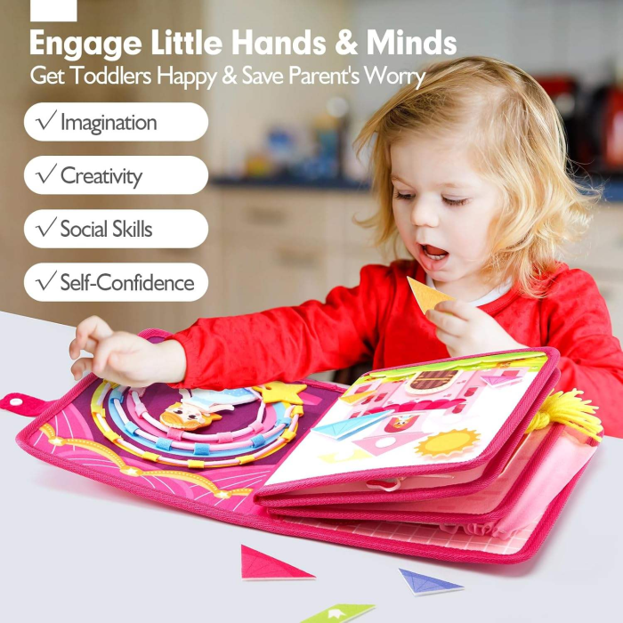 Carte senzorială de tip Busy book, din fetru de calitate, Montessori, tematica prințese, 8 pagini cu 20 de activități educative și interactive, ideală pentru fetițe de 1-5 ani, 23x19x9 cm [6]