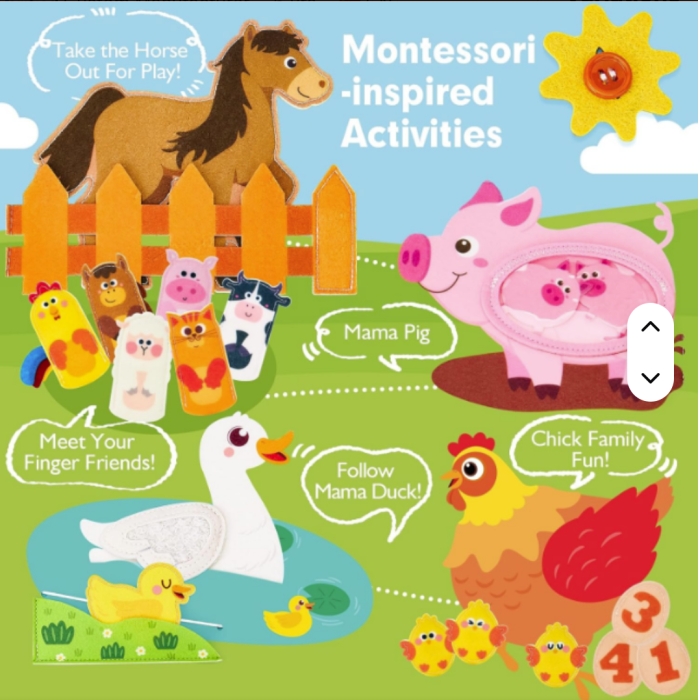 Carte senzoriala de tip Busy book, din fetru de calitate, cu manere, Montessori, tematica ferma, 9 pagini educative si interactive, ideala pentru copii de 1-5 ani, 24x21x10 cm [8]