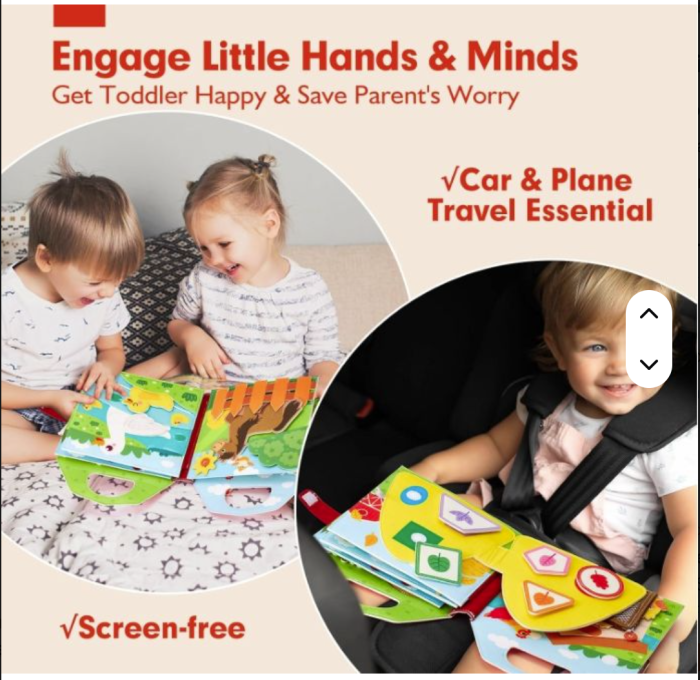 Carte senzoriala de tip Busy book, din fetru de calitate, cu manere, Montessori, tematica ferma, 9 pagini educative si interactive, ideala pentru copii de 1-5 ani, 24x21x10 cm [6]