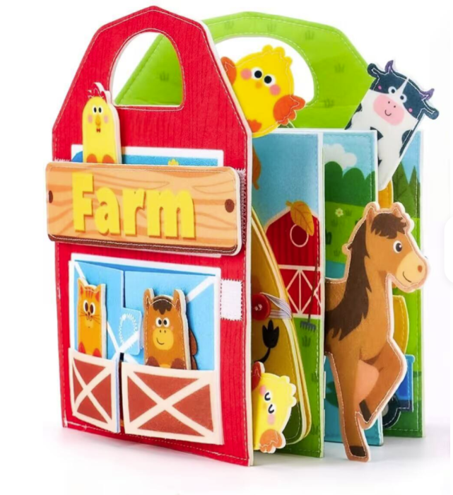 Carte senzoriala de tip Busy book, din fetru de calitate, cu manere, Montessori, tematica ferma, 9 pagini educative si interactive, ideala pentru copii de 1-5 ani, 24x21x10 cm [3]