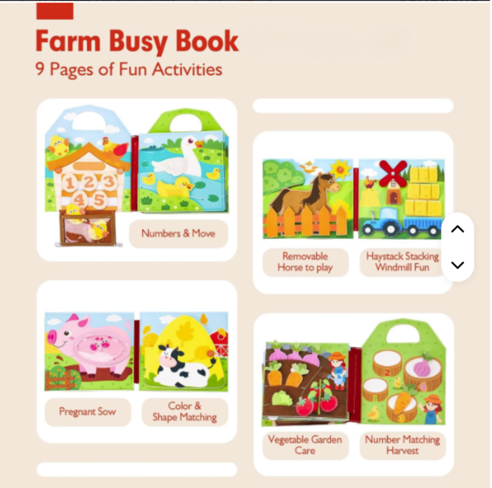 Carte senzoriala de tip Busy book, din fetru de calitate, cu manere, Montessori, tematica ferma, 9 pagini educative si interactive, ideala pentru copii de 1-5 ani, 24x21x10 cm [5]