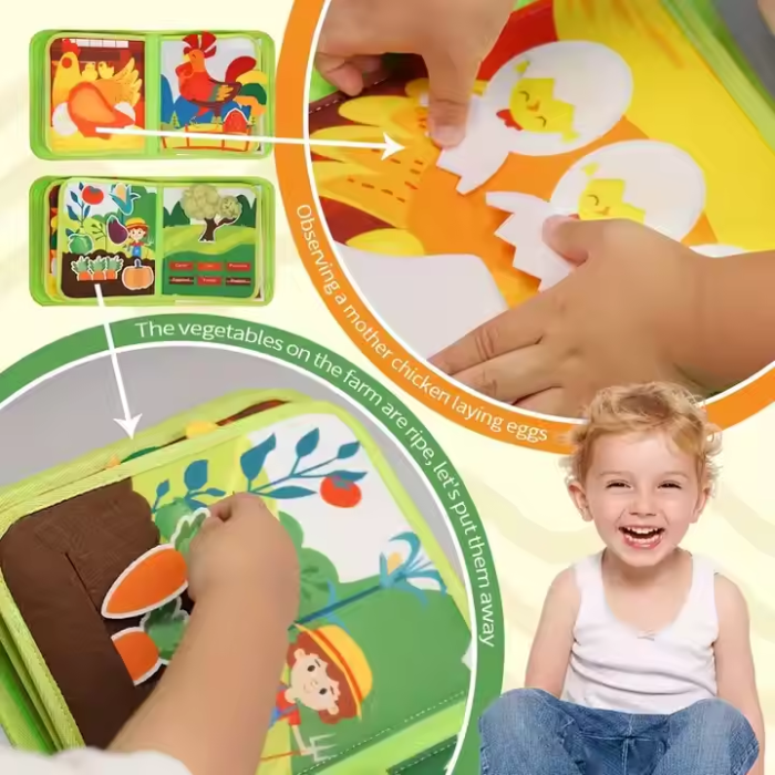 Carte senzoriala de tip Busy book, din fetru de calitate, Montessori, tematica animale de ferma, 10 pagini educative si interactive, ideala pentru copii de 1-5 ani, 24x20x6 cm [5]