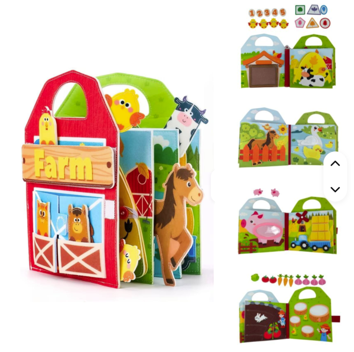 Carte senzoriala de tip Busy book, din fetru de calitate, cu manere, Montessori, tematica ferma, 9 pagini educative si interactive, ideala pentru copii de 1-5 ani, 24x21x10 cm [1]