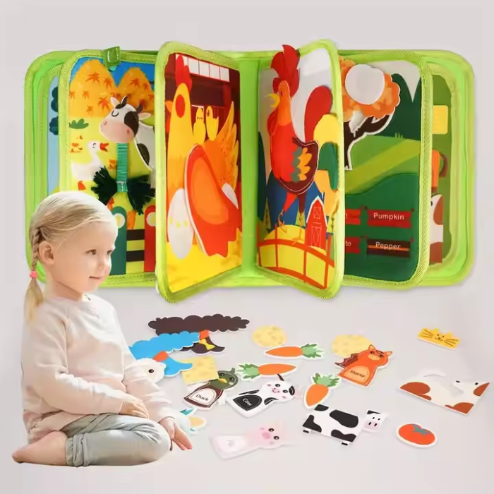 Carte senzoriala de tip Busy book, din fetru de calitate, Montessori, tematica animale de ferma, 10 pagini educative si interactive, ideala pentru copii de 1-5 ani, 24x20x6 cm [7]