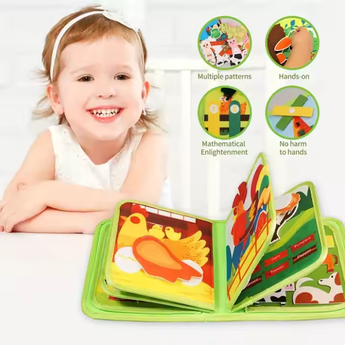 Carte senzoriala de tip Busy book, din fetru de calitate, Montessori, tematica animale de ferma, 10 pagini educative si interactive, ideala pentru copii de 1-5 ani, 24x20x6 cm [6]