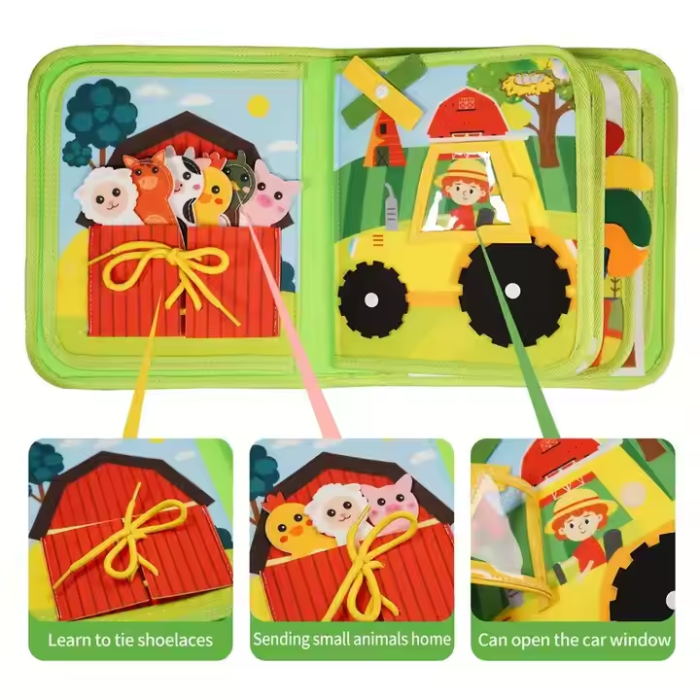 Carte senzoriala de tip Busy book, din fetru de calitate, Montessori, tematica animale de ferma, 10 pagini educative si interactive, ideala pentru copii de 1-5 ani, 24x20x6 cm [4]