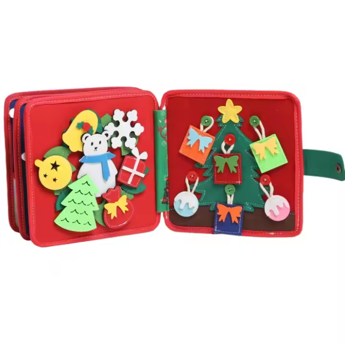 Carte senzoriala de tip Busy book, din fetru de calitate, Montessori, tematica de Craciun, numeroase activitati, 7 pagini educative si interactive, ideala pentru copii de 1-5 ani, 20x20x5 cm [5]