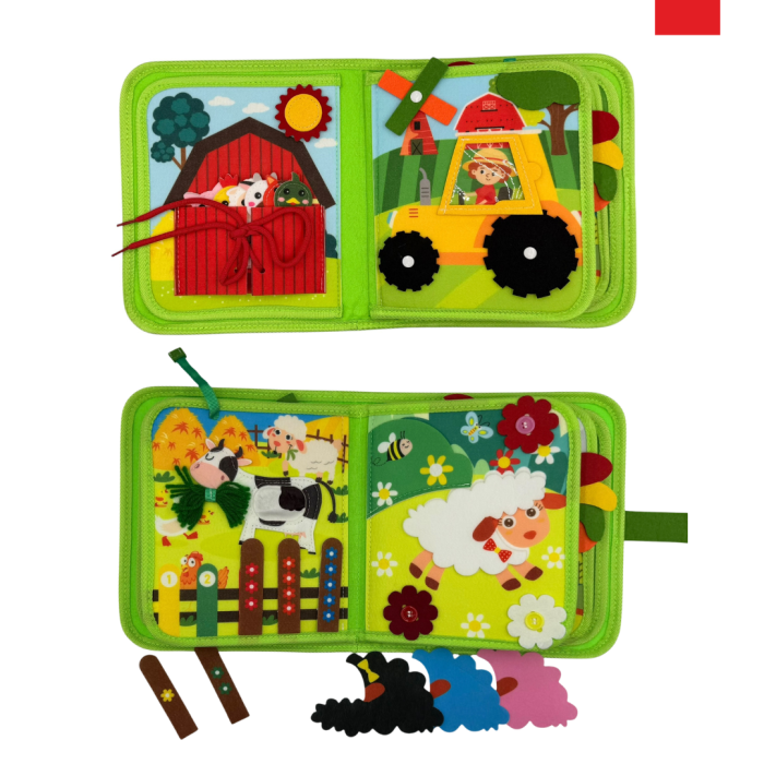 Carte senzoriala de tip Busy book, din fetru de calitate, Montessori, tematica ferma, numeroase activitati, 10 pagini educative si interactive, ideala pentru copii de 1-5 ani, 24x20x6 cm [6]