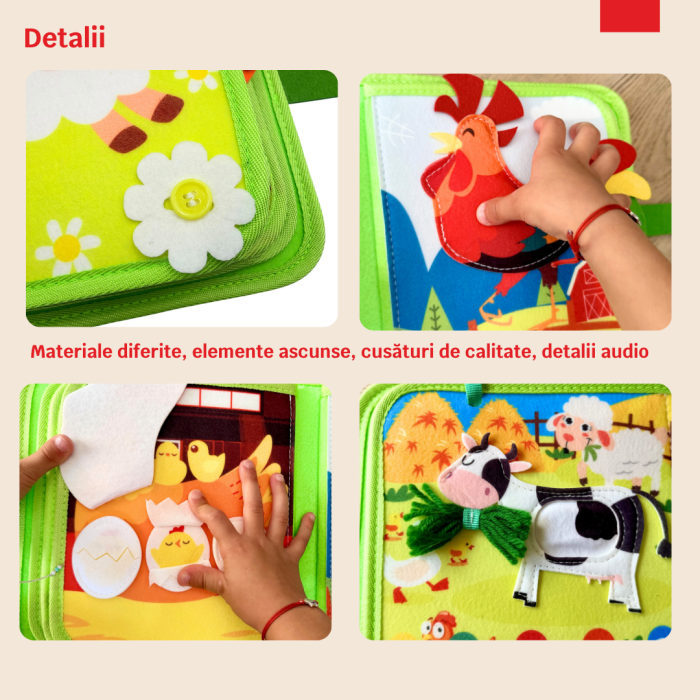 Carte senzoriala de tip Busy book, din fetru de calitate, Montessori, tematica ferma, numeroase activitati, 10 pagini educative si interactive, ideala pentru copii de 1-5 ani, 24x20x6 cm [4]