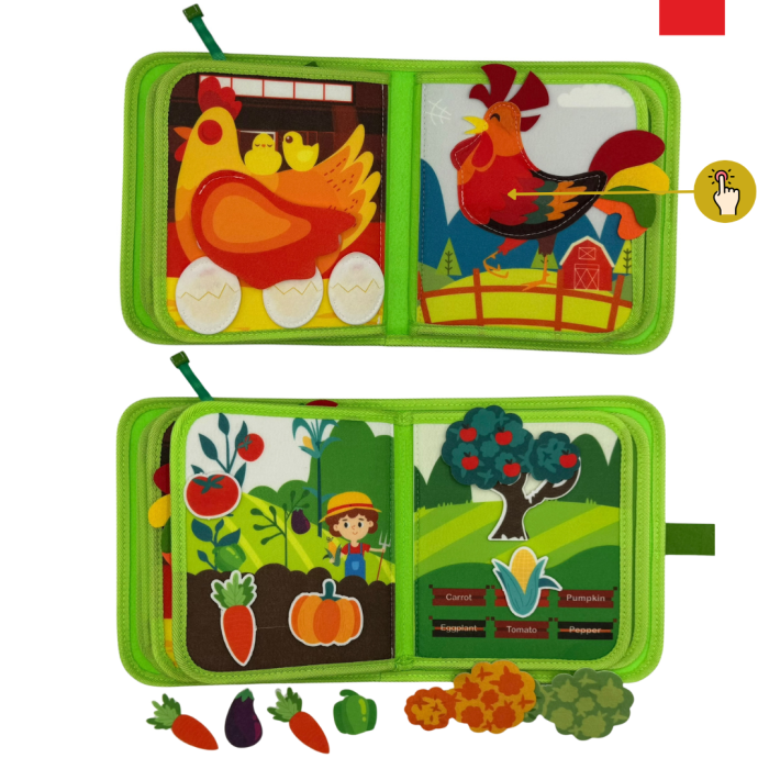 Carte senzoriala de tip Busy book, din fetru de calitate, Montessori, tematica ferma, numeroase activitati, 10 pagini educative si interactive, ideala pentru copii de 1-5 ani, 24x20x6 cm [7]