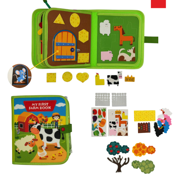 Carte senzoriala de tip Busy book, din fetru de calitate, Montessori, tematica ferma, numeroase activitati, 10 pagini educative si interactive, ideala pentru copii de 1-5 ani, 24x20x6 cm [8]