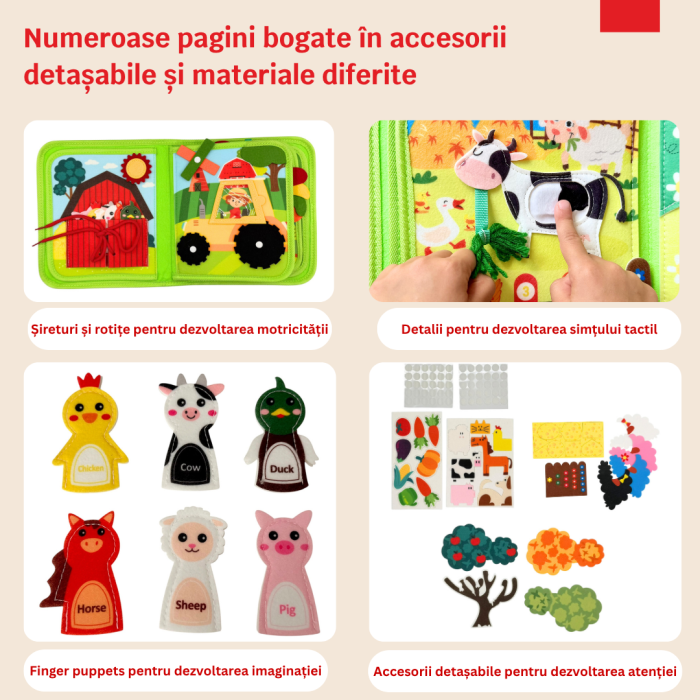 Carte senzoriala de tip Busy book, din fetru de calitate, Montessori, tematica ferma, numeroase activitati, 10 pagini educative si interactive, ideala pentru copii de 1-5 ani, 24x20x6 cm [3]