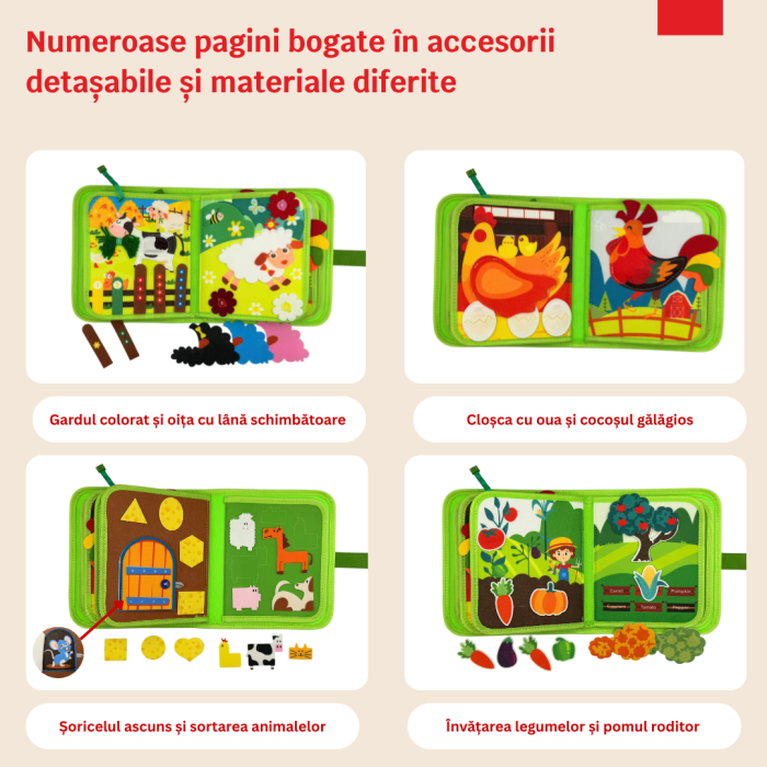 Carte senzoriala de tip Busy book, din fetru de calitate, Montessori, tematica ferma, numeroase activitati, 10 pagini educative si interactive, ideala pentru copii de 1-5 ani, 24x20x6 cm [2]