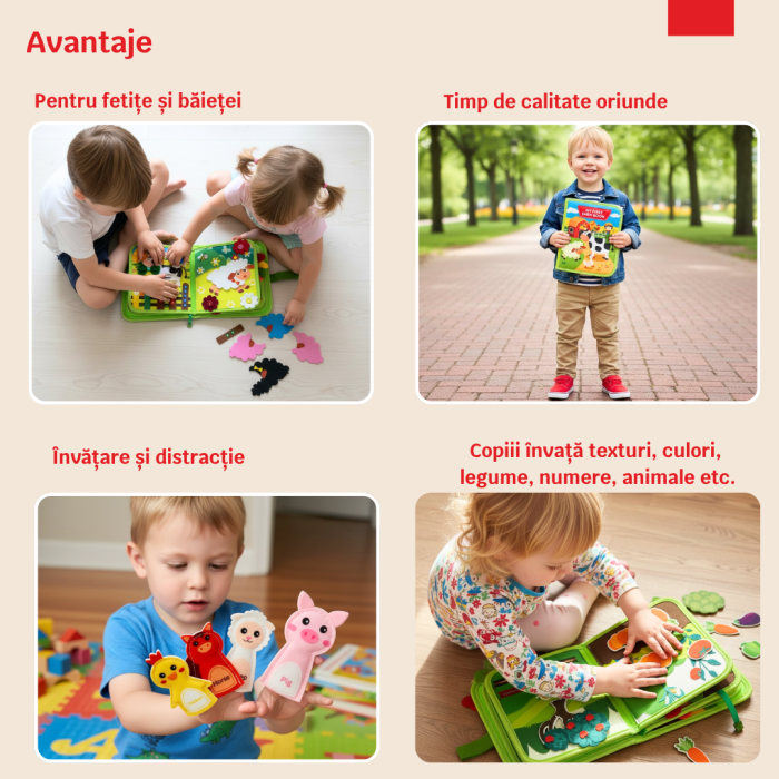 Carte senzoriala de tip Busy book, din fetru de calitate, Montessori, tematica ferma, numeroase activitati, 10 pagini educative si interactive, ideala pentru copii de 1-5 ani, 24x20x6 cm [5]