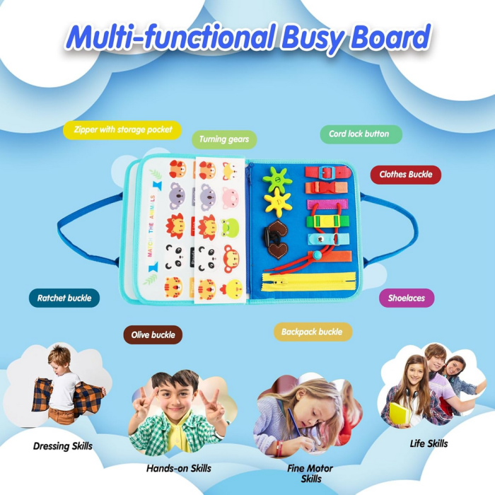 Carte senzoriala Montessori, 8-in-1, coperta cu dinozauri, dimensiuni 28.5x22.5x5 cm, educativa pentru copii 1-4 ani [6]