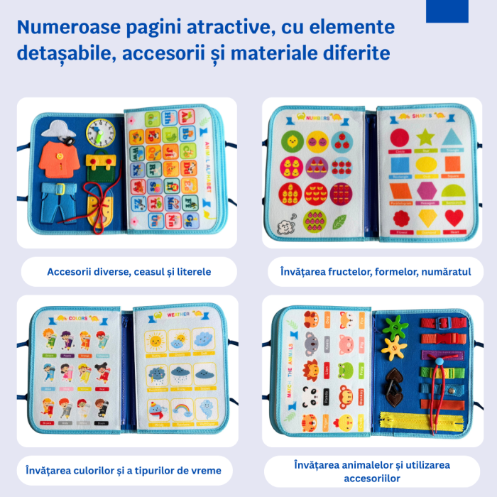 Carte senzoriala Montessori, 8-in-1, coperta cu dinozauri, dimensiuni 28.5x22.5x5 cm, educativa pentru copii 1-4 ani [3]