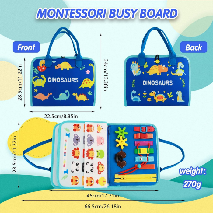 Carte senzoriala Montessori, 8-in-1, coperta cu dinozauri, dimensiuni 28.5x22.5x5 cm, educativa pentru copii 1-4 ani [5]