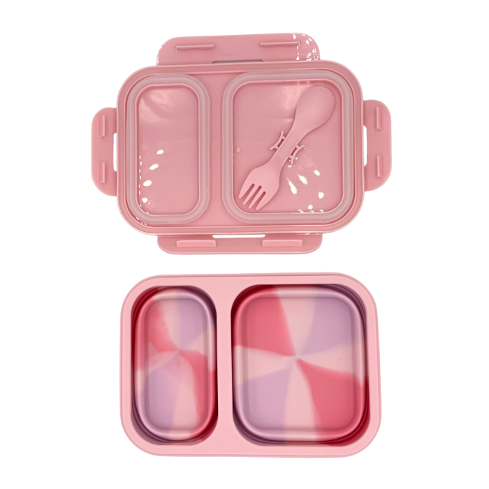 Caserolă alimentară pliabilă, din silicon, capac din plastic, două compartimente, fără BPA, tacâm inclus, 600+400ml, închidere etanșă, roz [4]