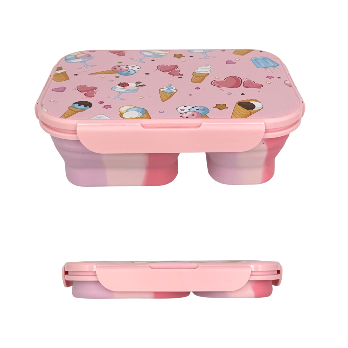 Caserolă alimentară pliabilă, din silicon, capac din plastic, două compartimente, fără BPA, tacâm inclus, 600+400ml, închidere etanșă, roz [1]