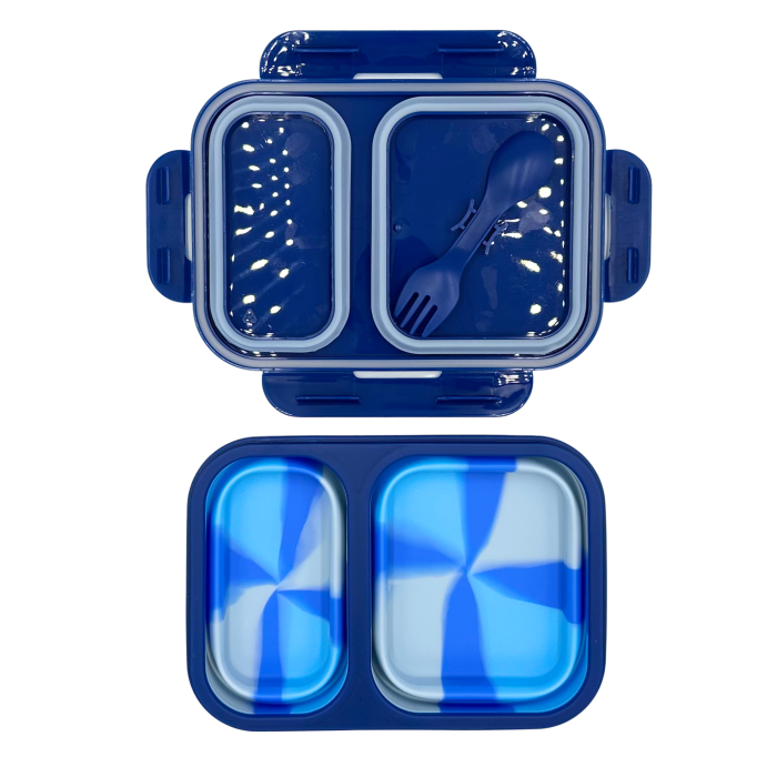 Caserolă alimentară pliabilă, din silicon, capac din plastic, două compartimente, fără BPA, tacâm inclus, 600+400ml, închidere etanșă, albastru [5]