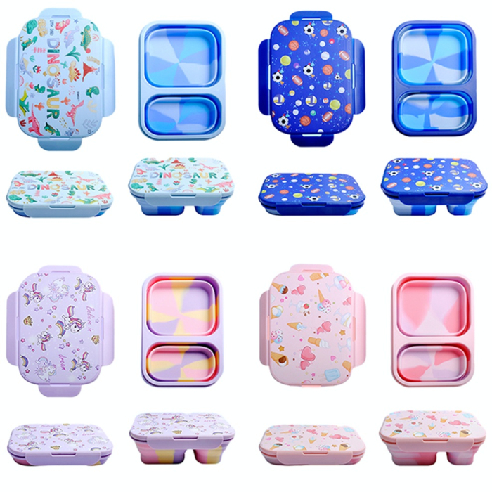 Caserolă alimentară pliabilă, din silicon, capac din plastic, două compartimente, fără BPA, tacâm inclus, 600+400ml, închidere etanșă, roz [8]