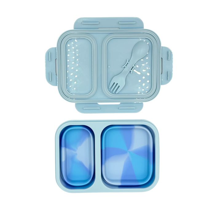 Caserolă alimentară pliabilă, din silicon, capac din plastic, două compartimente, fără BPA, tacâm inclus, 600+400ml, închidere etanșă, bleu [4]