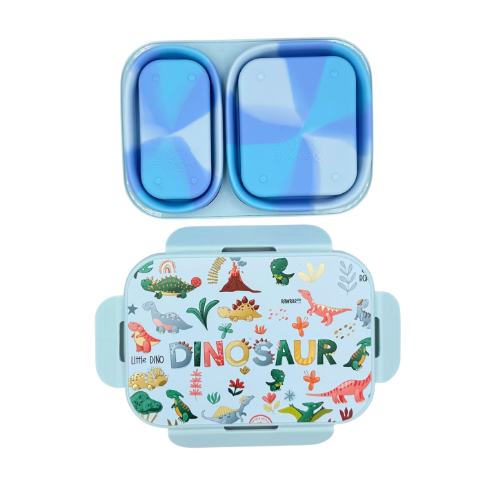 Caserolă alimentară pliabilă, din silicon, capac din plastic, două compartimente, fără BPA, tacâm inclus, 600+400ml, închidere etanșă, bleu [6]