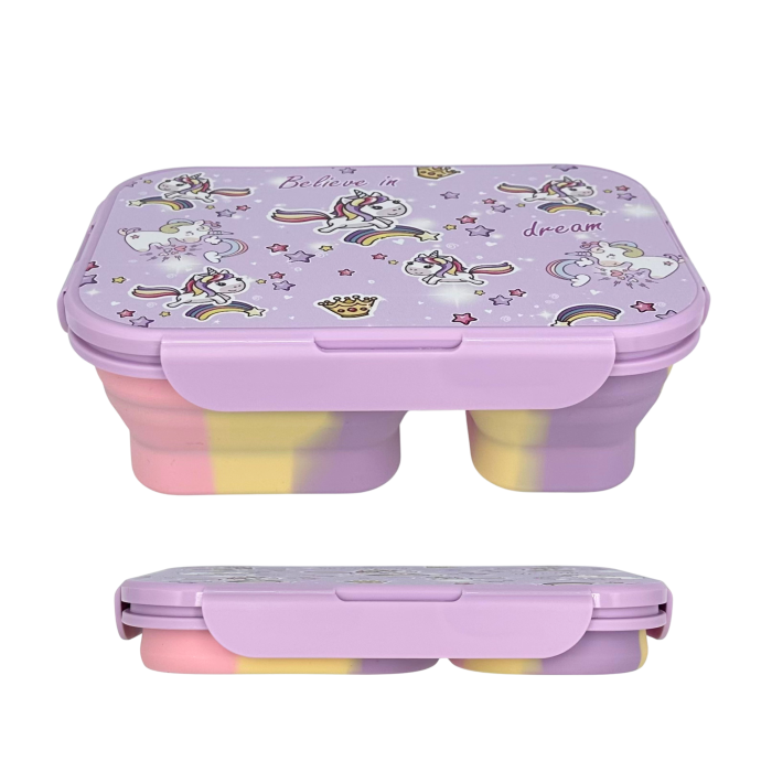 Caserolă alimentară pliabilă, din silicon, capac din plastic, două compartimente, fără BPA, tacâm inclus, 600+400ml, închidere etanșă, mov [1]