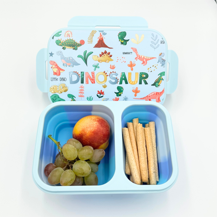 Caserolă alimentară pliabilă, din silicon, capac din plastic, două compartimente, fără BPA, tacâm inclus, 600+400ml, închidere etanșă, bleu [7]