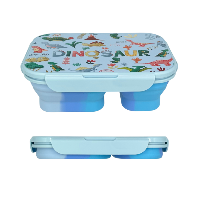 Caserolă alimentară pliabilă, din silicon, capac din plastic, două compartimente, fără BPA, tacâm inclus, 600+400ml, închidere etanșă, bleu [1]