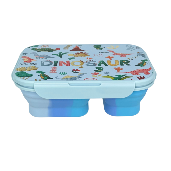 Caserolă alimentară pliabilă, din silicon, capac din plastic, două compartimente, fără BPA, tacâm inclus, 600+400ml, închidere etanșă, bleu [5]