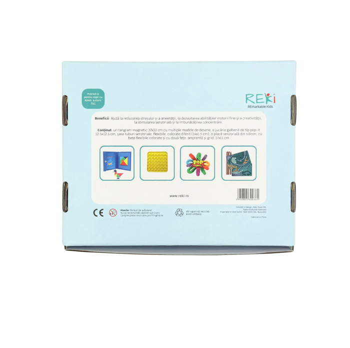 Kit de relaxare și calmare pentru copii, alcătuit din: tangram magnetic, placă senzorială, jucărie pop-it și șase tuburi senzoriale [4]