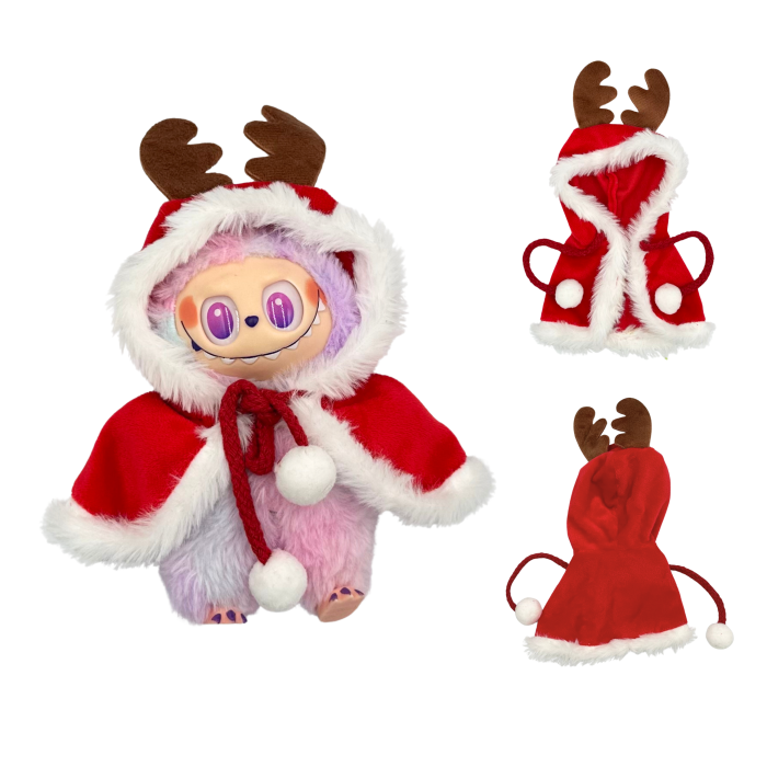 Mantie de Crăciun pentru păpuși, cu coarne de ren, roșie și albă, 17 cm, set accesorii [4]